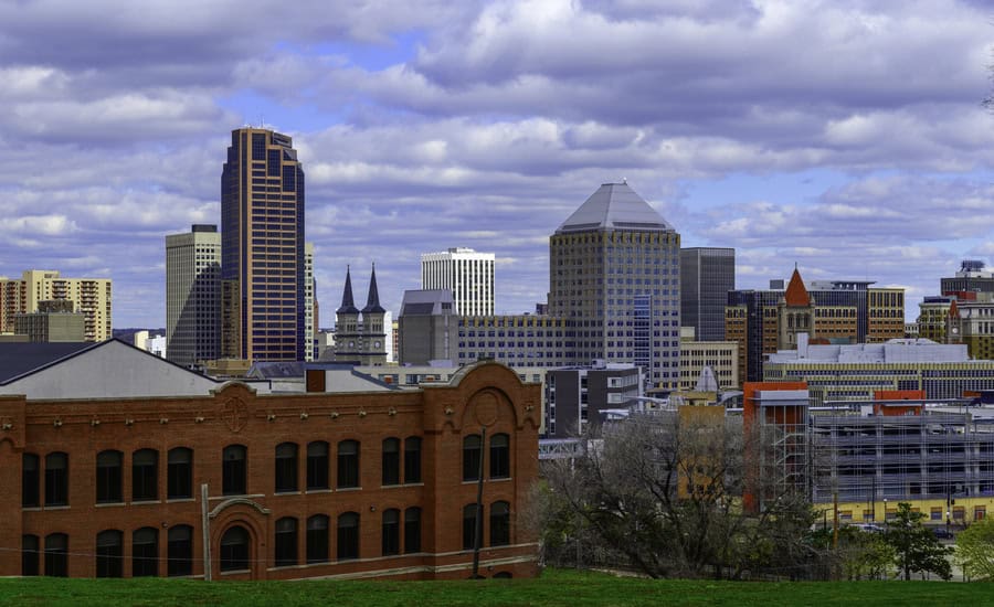 MN: Saint Paul City Financial District Skyline, Downtown Buildings, and Dramatic Cloudscape Panorama in Minnesota, USA.