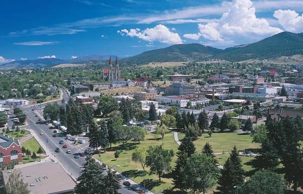 Aerial view of Helena, Montana, with the Cathedral of St. Helena visible in the background