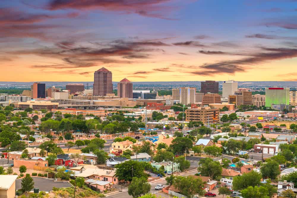 NM: Albuquerque, New Mexico, USA downtown cityscape at twilight.