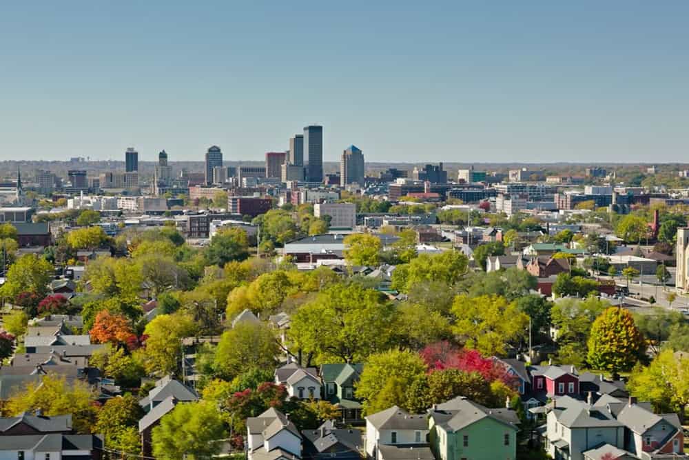 OH: Aerial still of Dayton skyline from Historic Inner East, on a clear, Fall day in Ohio.