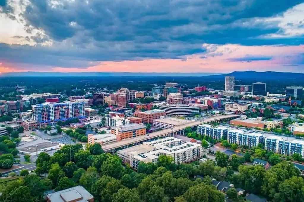 Greenville South Carolina SC Skyline Aerial at Sunset.