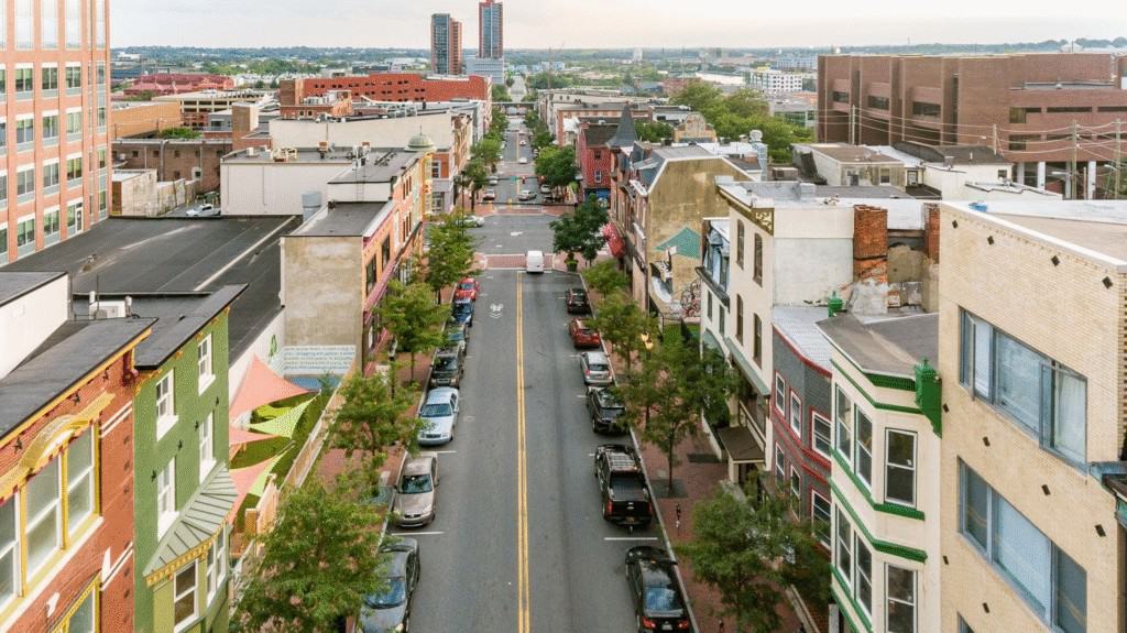 Aerial of downtown Wilmington, Delaware on a summer day.