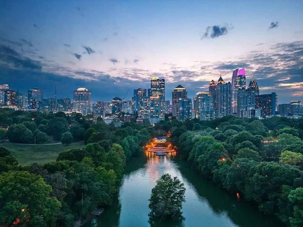 Aerial of Atlanta, Georgia from the river.