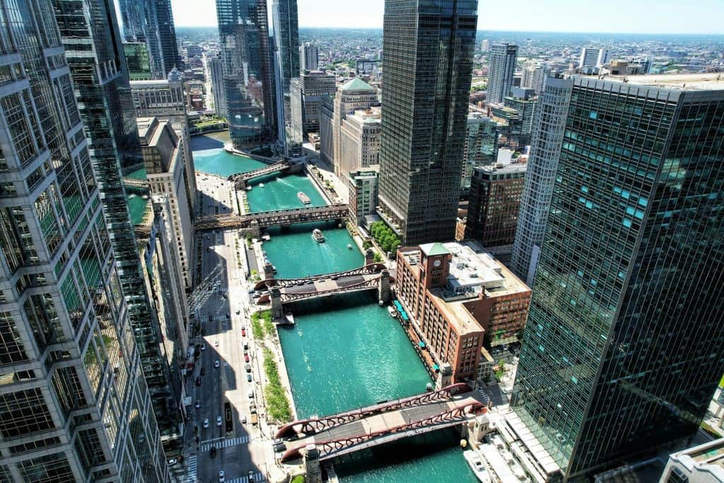 Aerial of the Chicago River in downtown Chicago, Illinois.